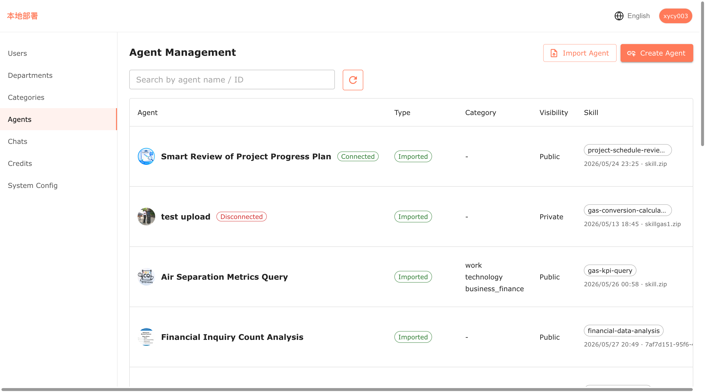 Agent list with type and status badges