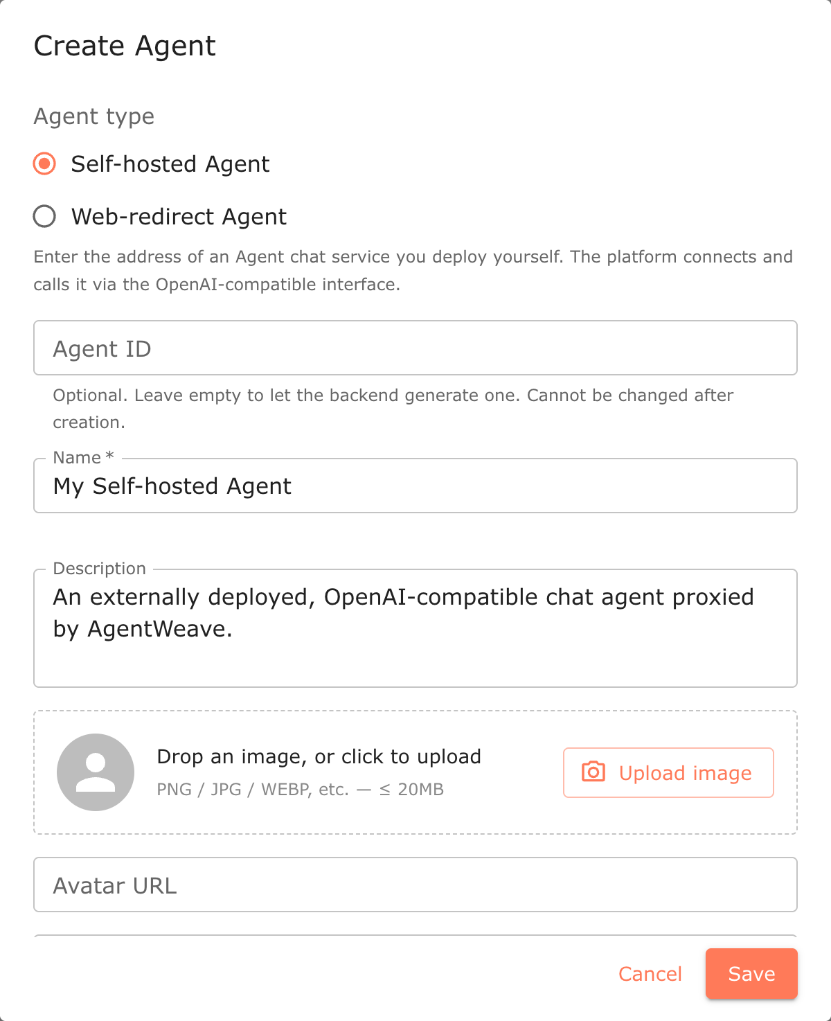 Create Agent — choose the type